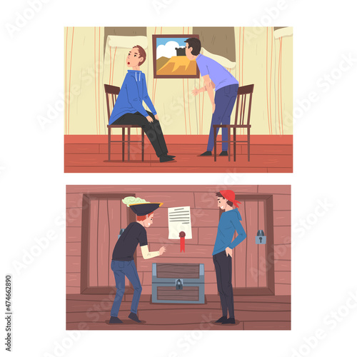 Escape Room Interior with People Character Discovering Clues and Solving Puzzles Vector Set