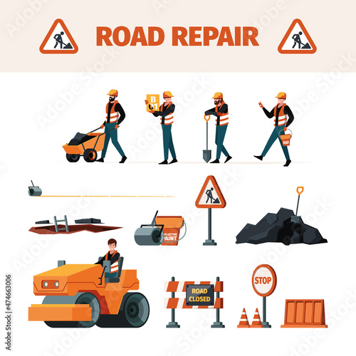 Road builders. Maintenance machine and support instrument tools for repairing street road garish vector pictures set