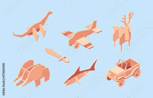 Cardboard toys. Boxes for kids pleasure funny home games toy packaging containers garish vector isometric illustrations