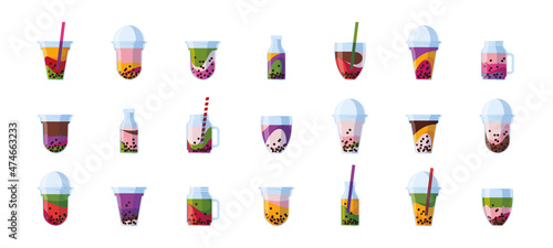 Bubble cocktails. Beverage cold drinks tea with milk tapioca liquids with pearls garish vector flat colored pictures set