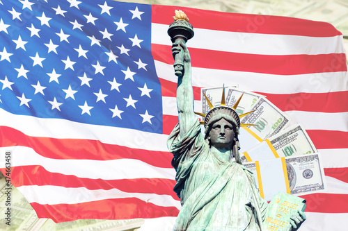 American business. Investments in the USA. The flag of the United States of America and dollars. The Statue of Liberty. US economy. Payment system of America. The American financial system.