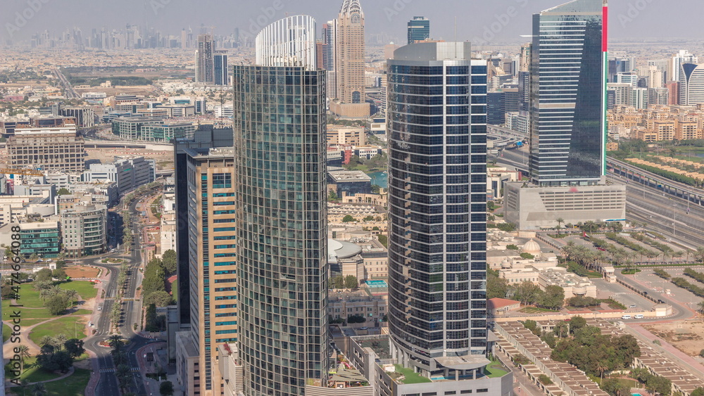 Obraz premium Aerial view of media city and al barsha heights district area timelapse from Dubai marina.