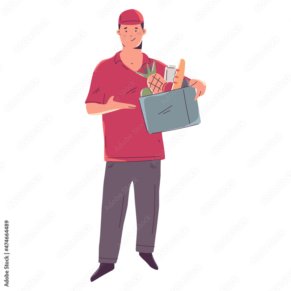 Food and grocery deliveryman vector cartoon character isolated on a ...