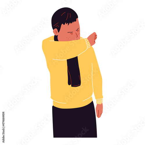 Man coughs on the elbow vector character illustration isolated on a white background.