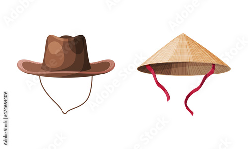 Straw Hat as Brimmed Woven Headdress with Conical Asian and Cowboy Hat Vector Set photo