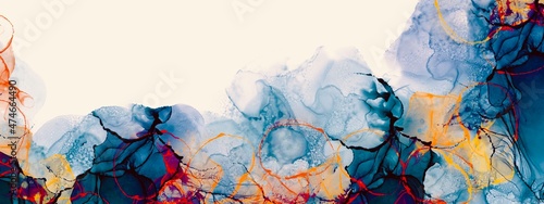Blue and orange illustration, fluid abstract background made with alcohol ink texture, modern watercolour painting, liquid wallpaper for print