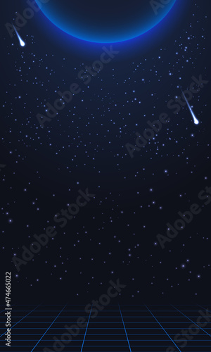 colorful simple vector vertical illustration in 80s style of outer space with big planet, comets and stars background