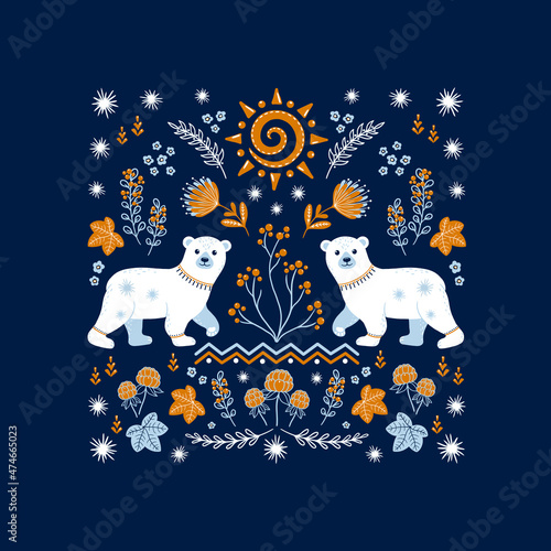 Polar North Symbols. Polar bear, cloudberries, sun, flowers, snowflakes. A beautiful night in Alaska.
