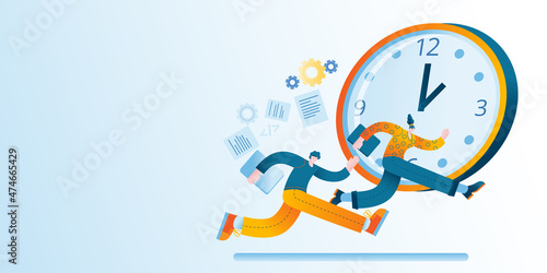 A man and a woman try to catch up with the clock. Concept of a vector illustration on the topic of time management. Horizontal banner template.