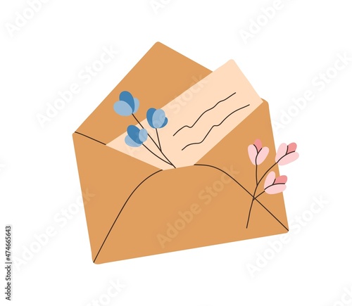 Open craft envelope with handwritten paper letter. Spring mail with flowers. Handmade correspondence. Flat vector illustration of post composition isolated on white background