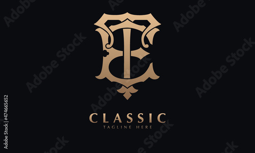 Alphabet ET or TE illustration monogram vector logo template in classic royal color and black background