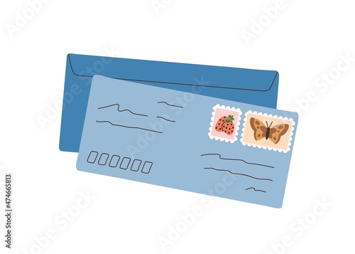Closed envelopes with post stamps and handwritten letters. Paper mail composi...