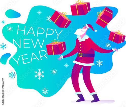 Santa Claus juggles with gift boxes. Santa Claus gives many gifts. Delivery of gifts. Congratulations to Santa. Christmas story, new year poster. Festive surprise. Flat cartoon vector illustration.