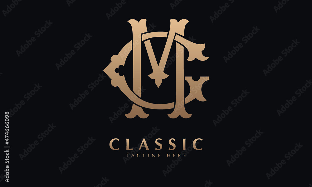 Alphabet GM or MG illustration monogram vector logo template in classic royal color and black background