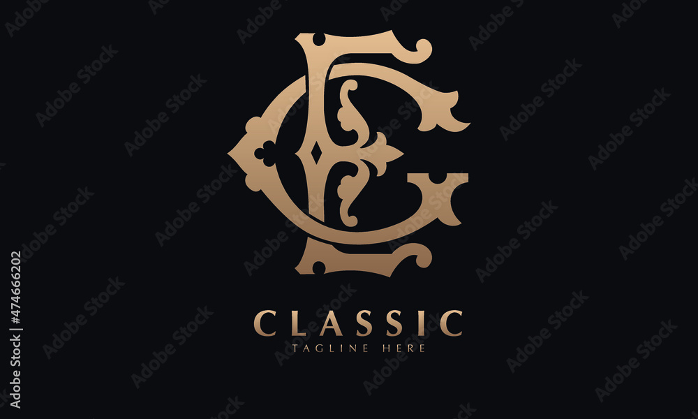 Alphabet EG or GE illustration monogram vector logo template in classic royal color and black background