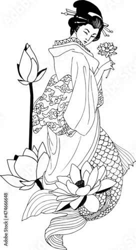 mermaid geisha with lotus flowers in Asian style