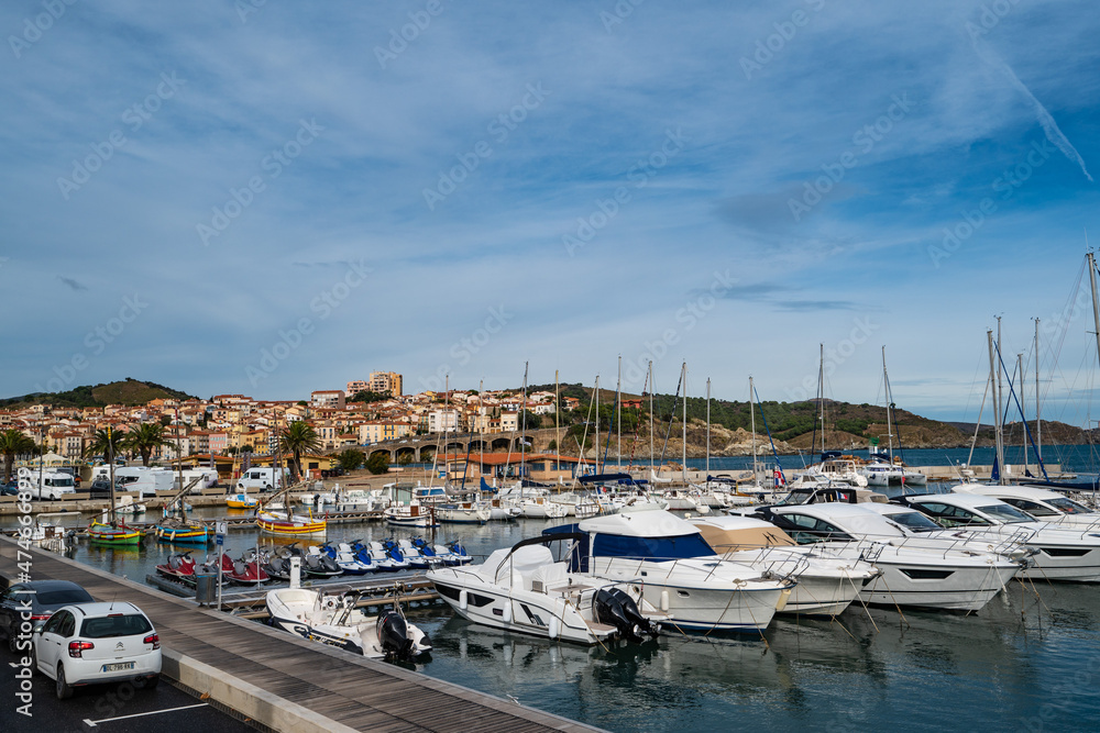 View from beach at Mediterranean seaside town of Banyuls sur Mer, Pyrenees Orientales department, southern France