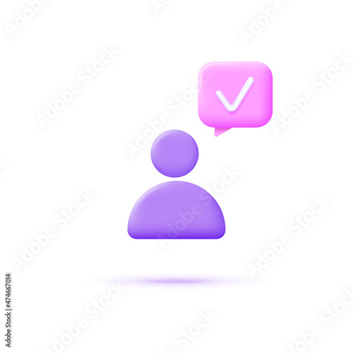 3d icon people and approval mark isolated on white background. Check mark.