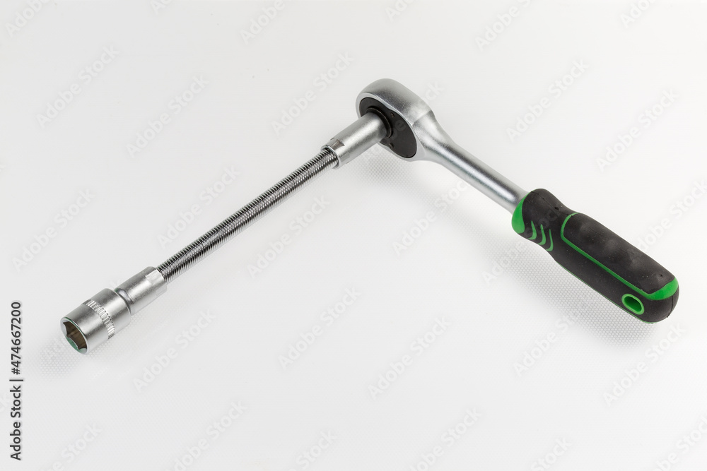 Ratchet wrench with inserted hexagonal socket via long flexible adapter Ratchet wrench with inserted hexagonal socket via long flexible adapter
