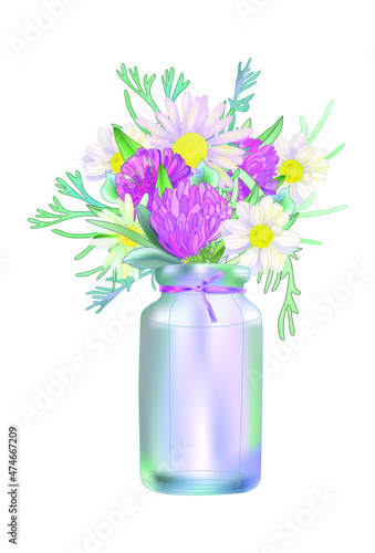 a bouquet of clover and chamomile in a jar. Herbal engraved style illustration.
