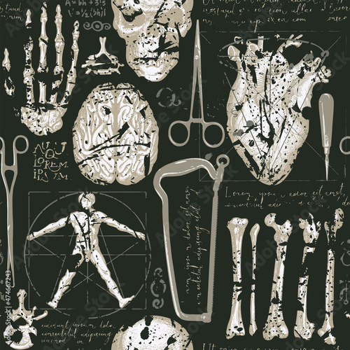 Abstract seamless pattern with hand-drawn human organs, bones, skull, surgical instruments and handwritten text lorem ipsum on a black backdrop. Vector background in grunge style on a medical theme