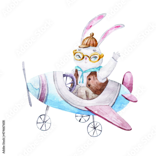 cute pilot hare flying on an airplane, cute childrens illustration isolated on white background