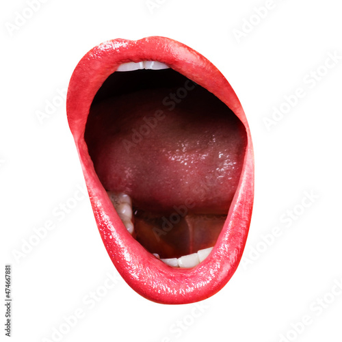 Cut out woman lips with wide open mouth and red lipstick and visible white teeth isolated on white background. Image with shallow depth of fieldv