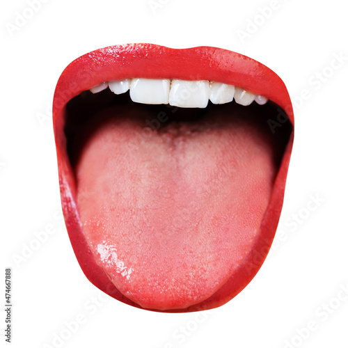 Fotografie Cut out woman lips with red lipstick and visible white teeth showing tongue isolated on white background