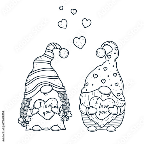 Cute Valentine gnomes gnomes with hearts for coloring book.Line art design for kids coloring page