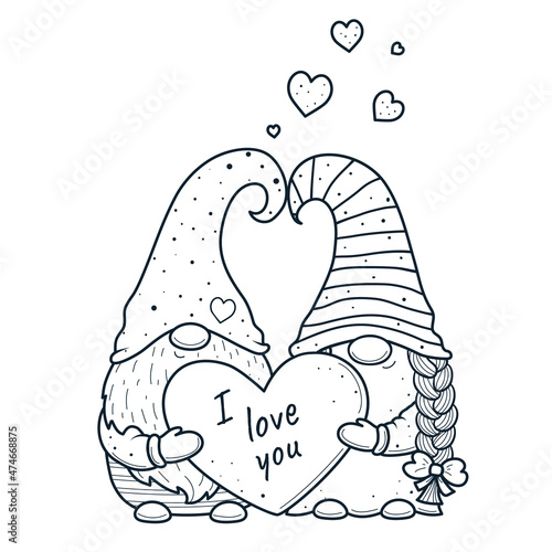 Cute Valentine gnomes gnomes with hearts for coloring book.Line art design for kids coloring page photo