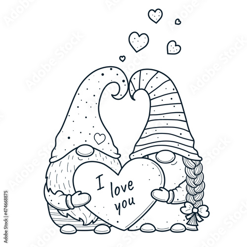 Cute Valentine gnomes gnomes with hearts for coloring book.Line art design for kids coloring page