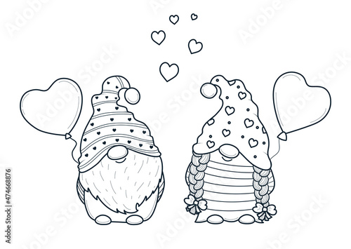 Cute Valentine gnomes gnomes with balloon hearts for coloring book.Line art design for kids coloring page
