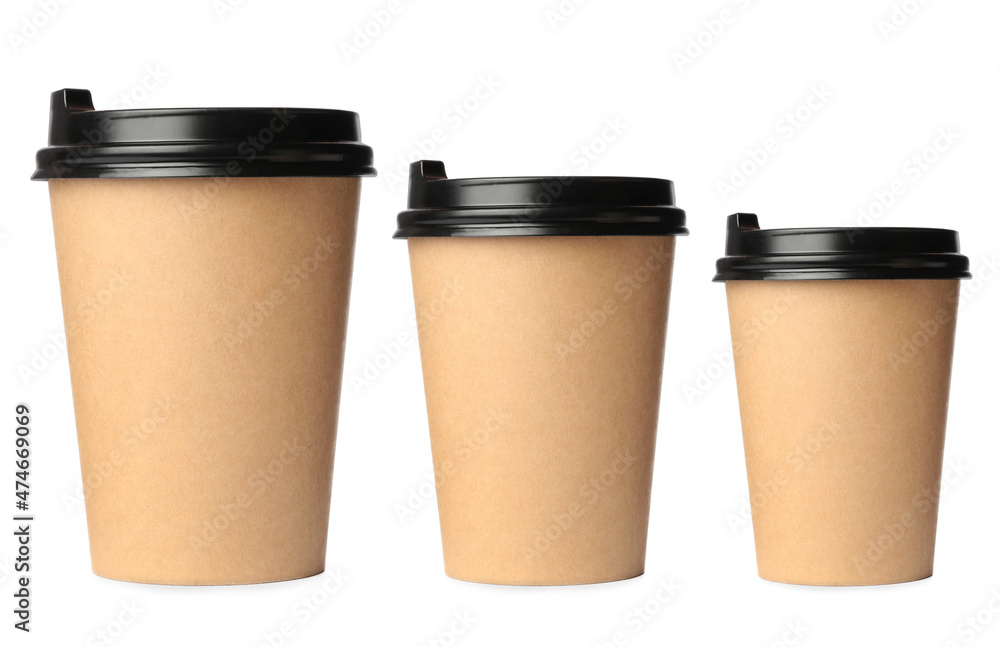 Paper coffee cups of different sizes on white background, collage Paper coffee cups of different sizes on white background, collage