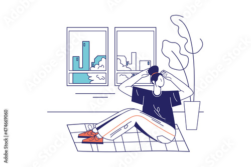 Sport at home concept in flat line design for web banner. Woman stretching and doing exercises to workouts program. Physical activity modern people scene. Vector illustration in outline graphic style