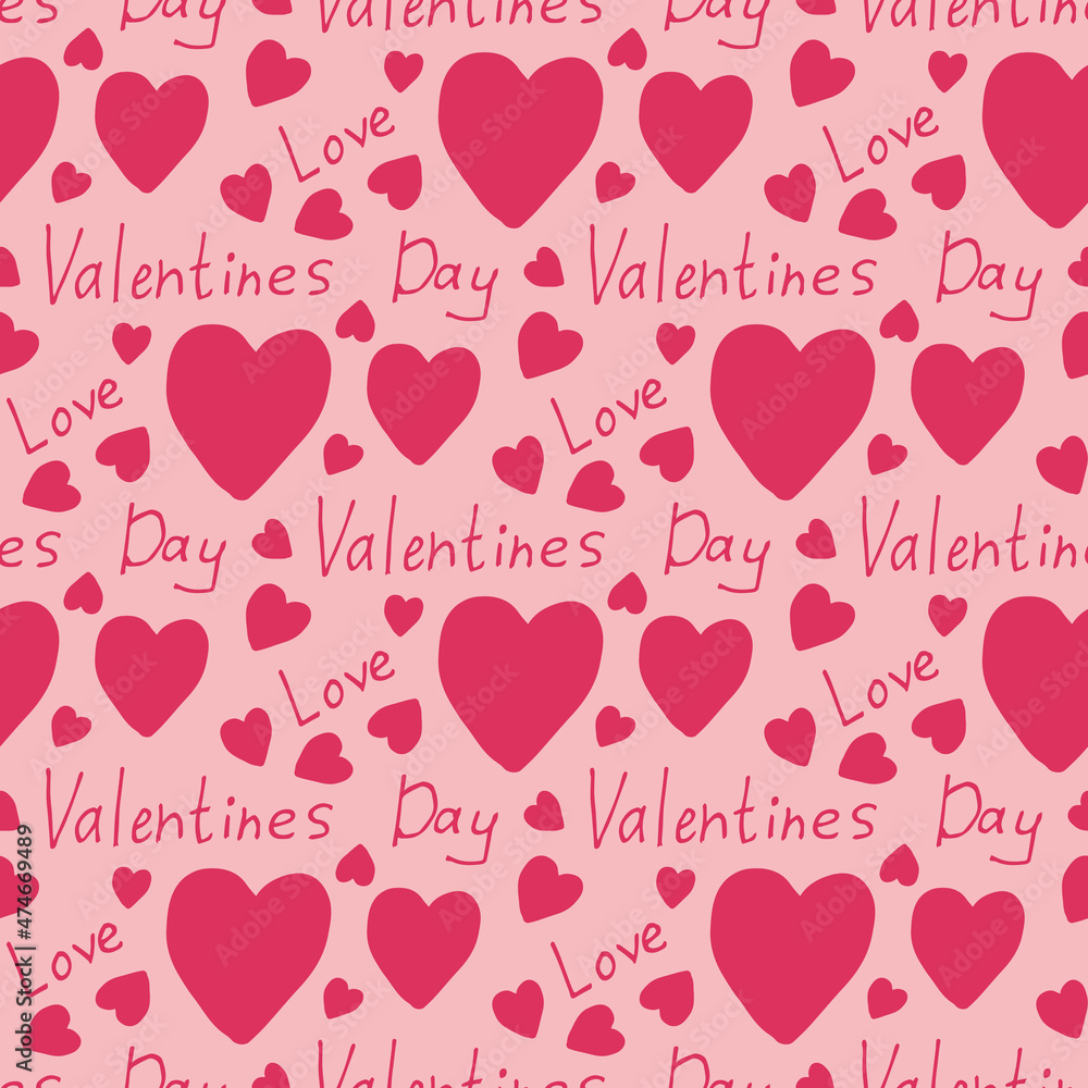 Seamless pattern with word love and valentines day and pink hearts on light pink background. Vector image.