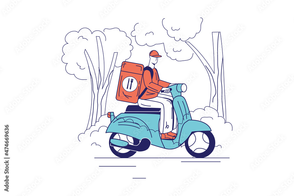 Food delivery concept in flat line design for web banner. Courier delivers bag on motorcycle, online ordering of meals for lunch, modern people scene. Vector illustration in outline graphic style Food delivery concept in flat line design for web banner. Courier delivers bag on motorcycle, online ordering of meals for lunch, modern people scene. Vector illustration in outline graphic style