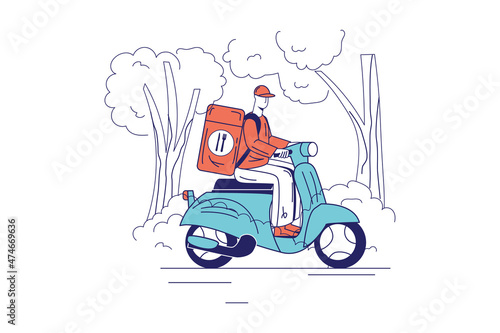 Food delivery concept in flat line design for web banner. Courier delivers bag on motorcycle, online ordering of meals for lunch, modern people scene. Vector illustration in outline graphic style