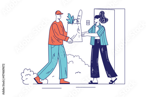 Food delivery concept in flat line design for web banner. Courier delivers package of products from grocery store to customer home, modern people scene. Vector illustration in outline graphic style