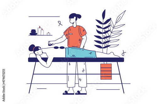 Spa salon concept in flat line design for web banner. Woman receiving relaxing massage with stones from professional masseuse, modern people scene. Vector illustration in outline graphic style