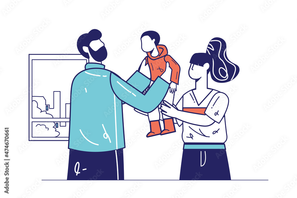 Healthy families concept in flat line design for web banner. Father and mother holding and hugging little son, good relationship modern people scene. Vector illustration in outline graphic style Healthy families concept in flat line design for web banner. Father and mother holding and hugging little son, good relationship modern people scene. Vector illustration in outline graphic style
