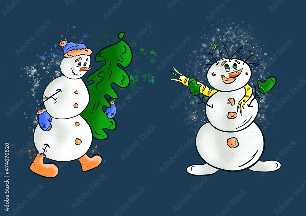 Cartoon snowmen New Year’s characters Christmas tree and snowfall digital illustration
