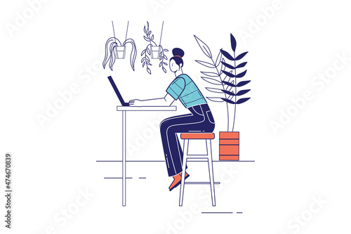 Freelance working concept in flat line design for web banner. Woman works at laptop while sitting at cafe, remote worker online, modern people scene. Vector illustration in outline graphic style