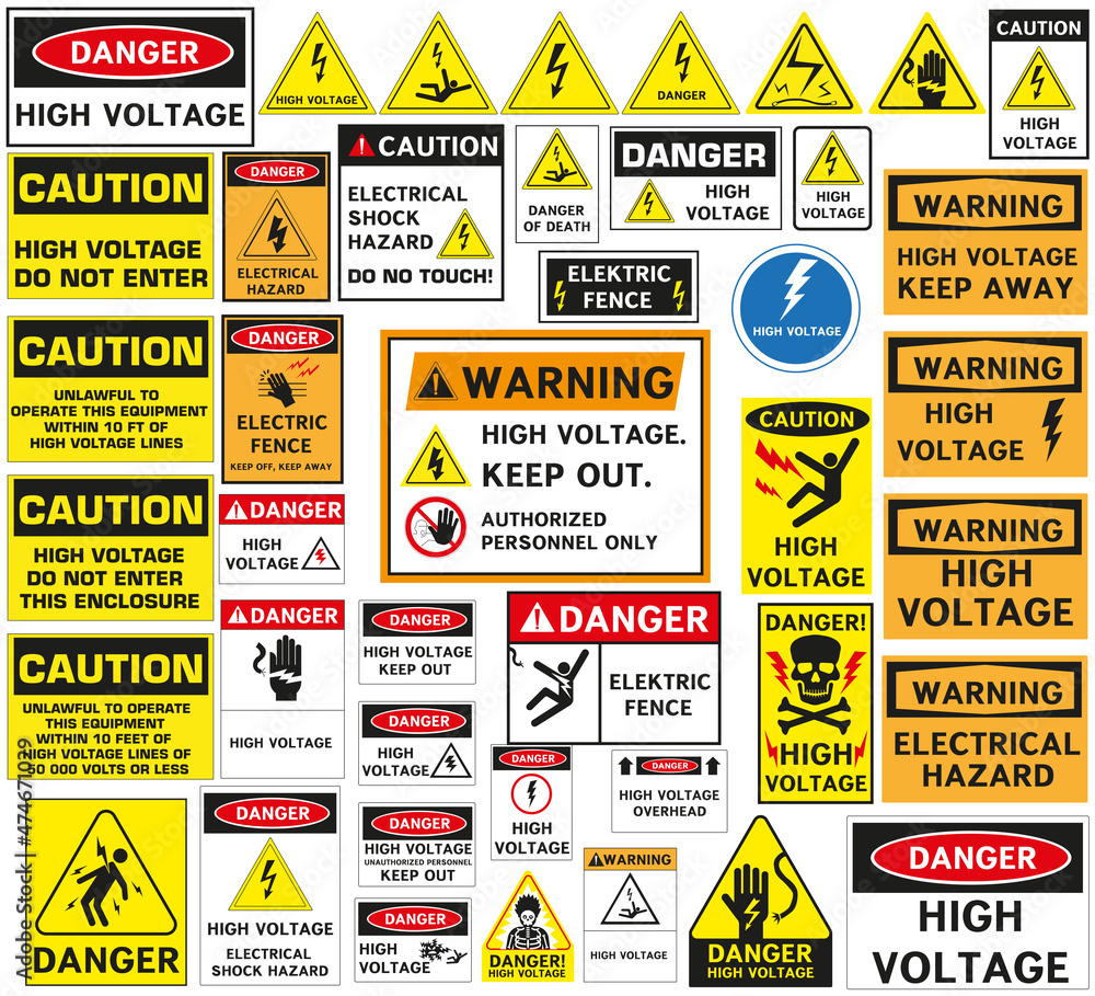 Electrical safety sign. High voltage, electric fence, do not touch, keep away, hazardous restricted area, keep out, live wires, do not enter, shock burn.