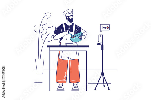 Video streaming concept in flat line design for web banner. Man blogger cooking food in kitchen in online broadcast with followers, modern people scene. Vector illustration in outline graphic style