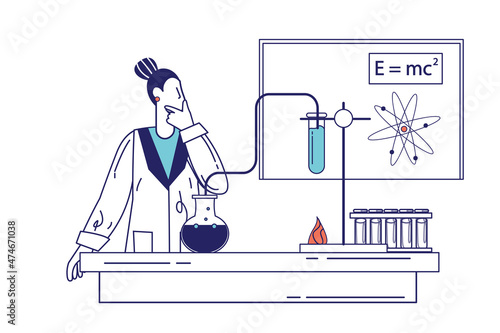 Science laboratory concept in flat line design for web banner. Woman scientist doing research test in flasks and tubes in physics lab, modern people scene. Vector illustration in outline graphic style