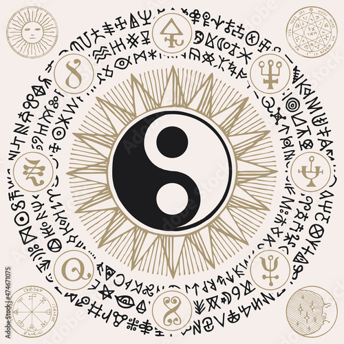 Vector yin-yang symbol with magic signs and runes written in a circle in retro style. Esoteric and mystical sign of balance, harmony, unity and opposites, Feng Shui, Zen, yoga, masculine and feminine