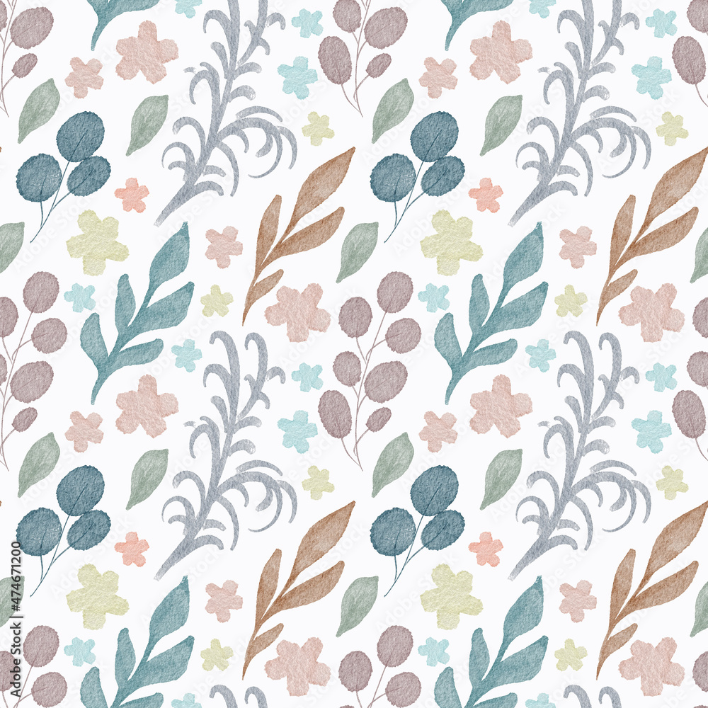 Seamless background with watercolor floral elements. Bright pattern for wallpaper, fabric, packaging, cards.