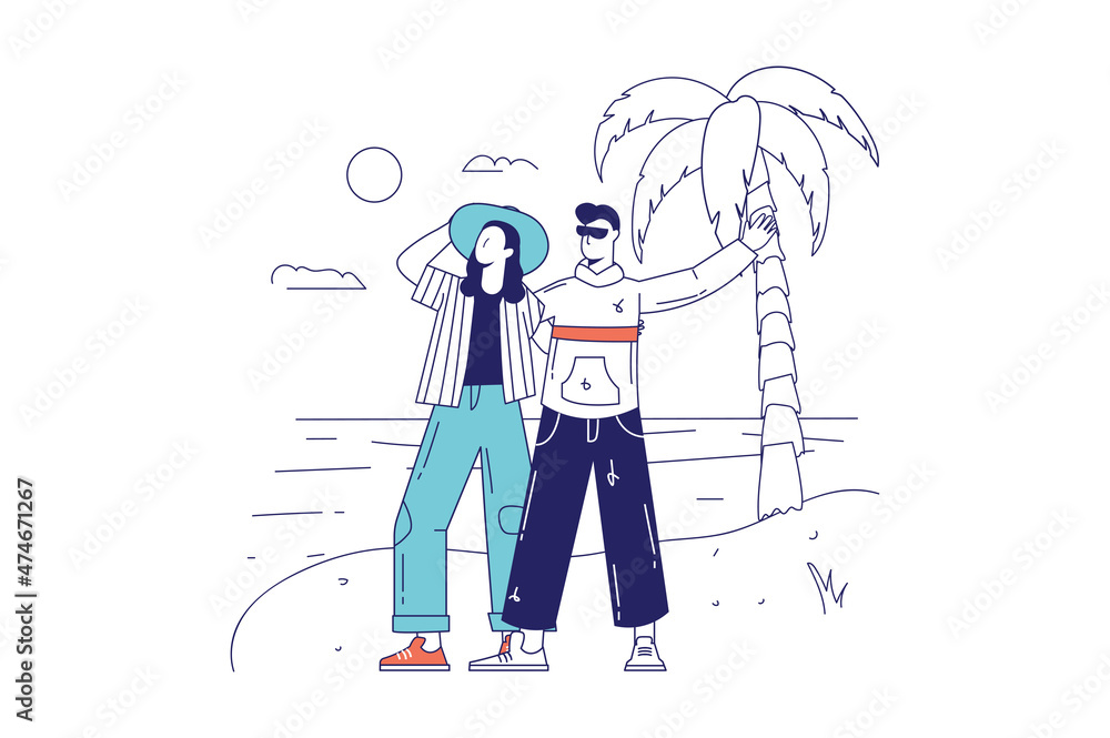 People in travel concept in flat line design for web banner. Couple of tourists resting on tropical island, trip on vacation at sea, modern people scene. Vector illustration in outline graphic style People in travel concept in flat line design for web banner. Couple of tourists resting on tropical island, trip on vacation at sea, modern people scene. Vector illustration in outline graphic style