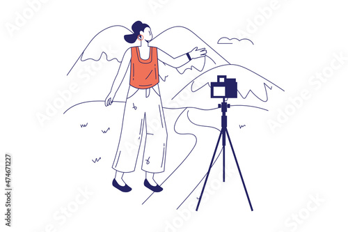 People in travel concept in flat line design for web banner. Woman tourist takes selfie on camera in mountains, resting on vacation, modern people scene. Vector illustration in outline graphic style