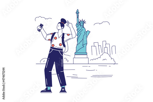 People in travel concept in flat line design for web banner. Woman tourist takes selfie with statue of Liberty, resting on vacation, modern people scene. Vector illustration in outline graphic style